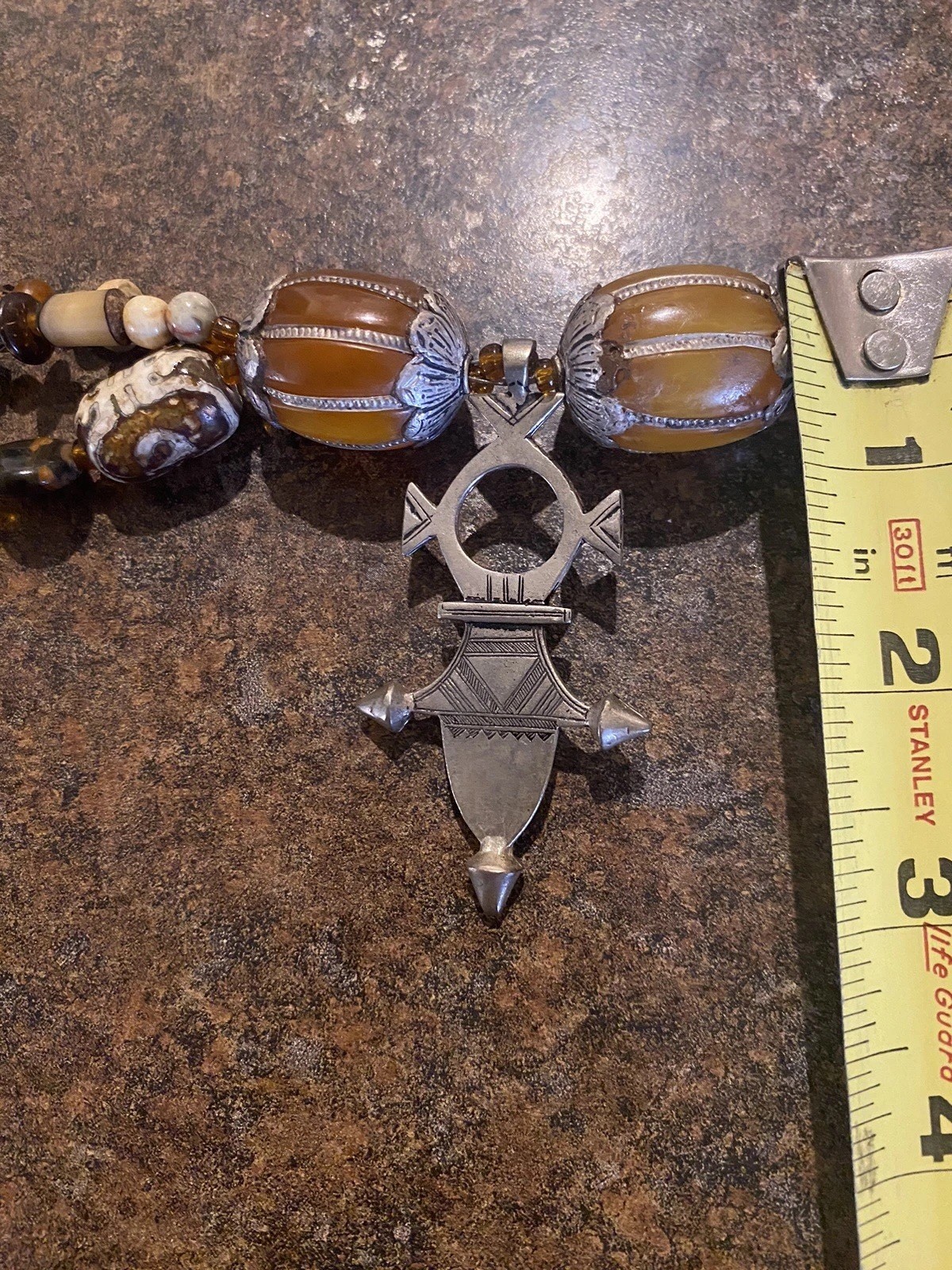 Global Trade Bead Necklace Amber Gemstone DZI Shell Glass Tuareg Cross Pendant