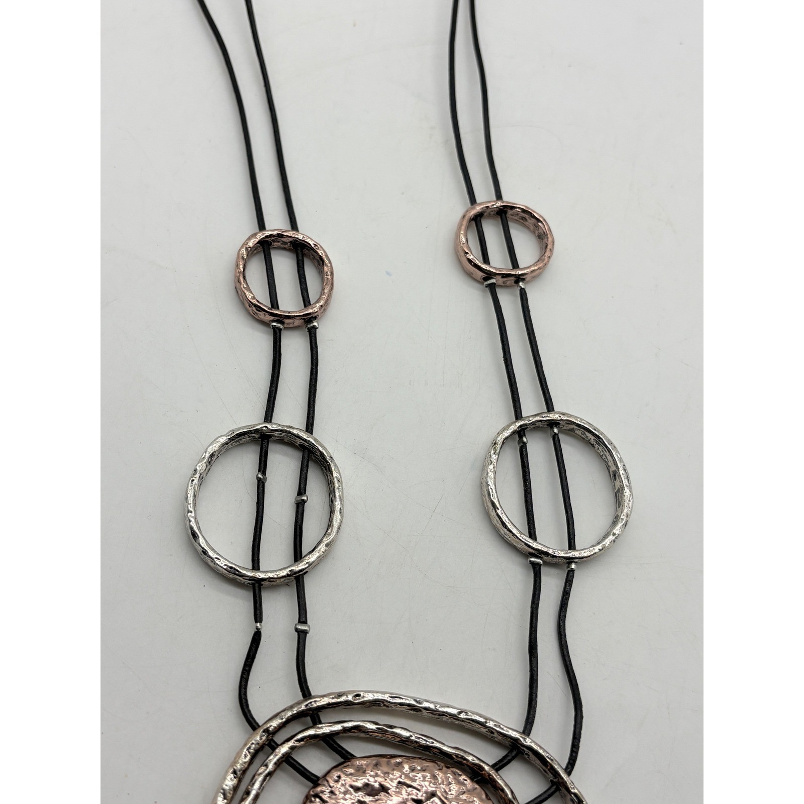 Mixed Metal Hammered Geometric Statement Necklace Silver Copper Tone Black Cord