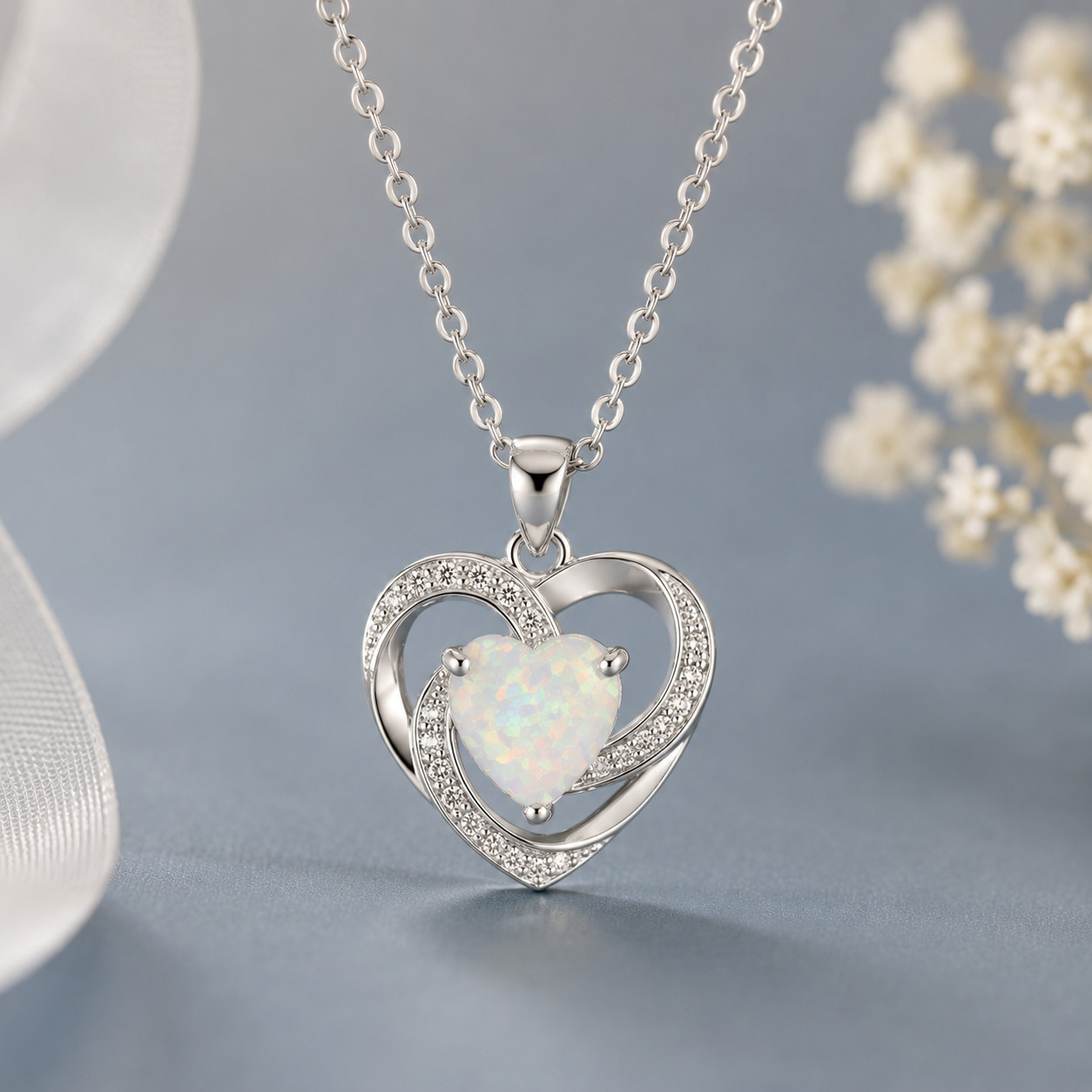 925 Sterling Silver Plated Faux Opal Heart Pendant Necklace 18″ Gift Jewelry