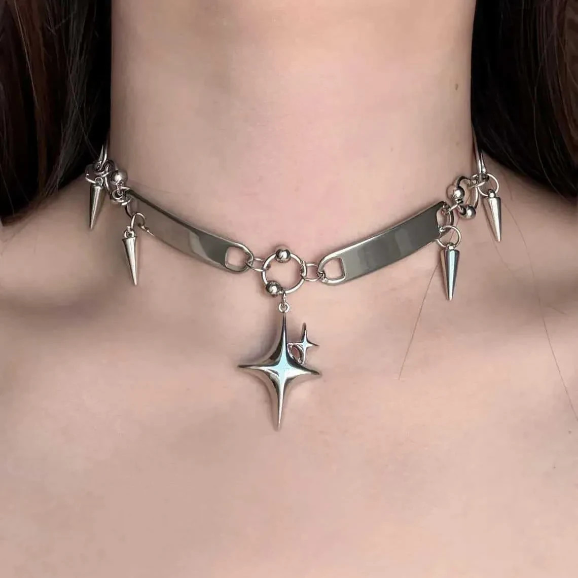 Gothic Y2K Star Choker Necklace Punk Spike Pendant Silver Metal Grunge Jewelry