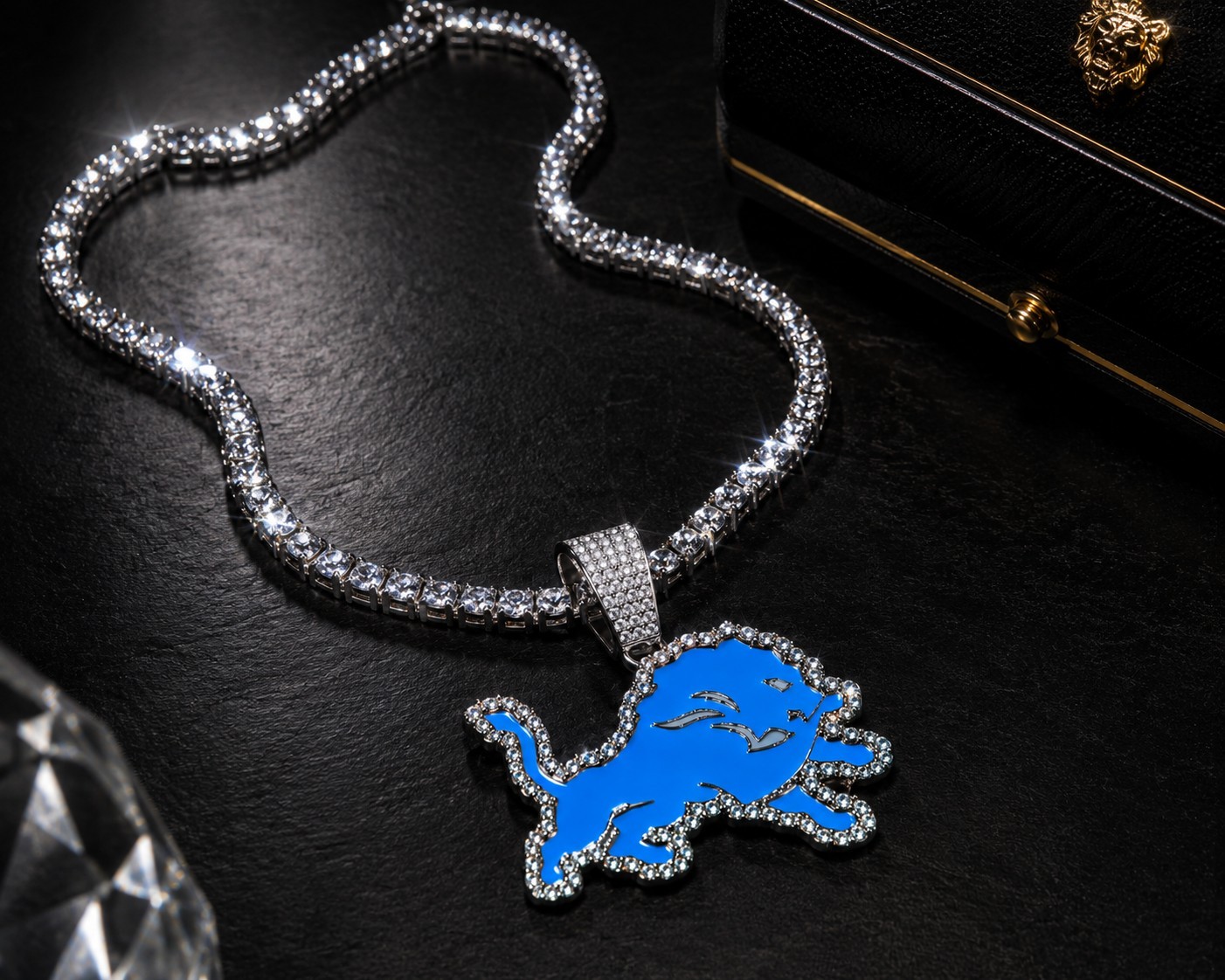 Blue Lion Pendant Necklace Iced Out CZ Silver Tone Tennis Chain Hip Hop Jewelry