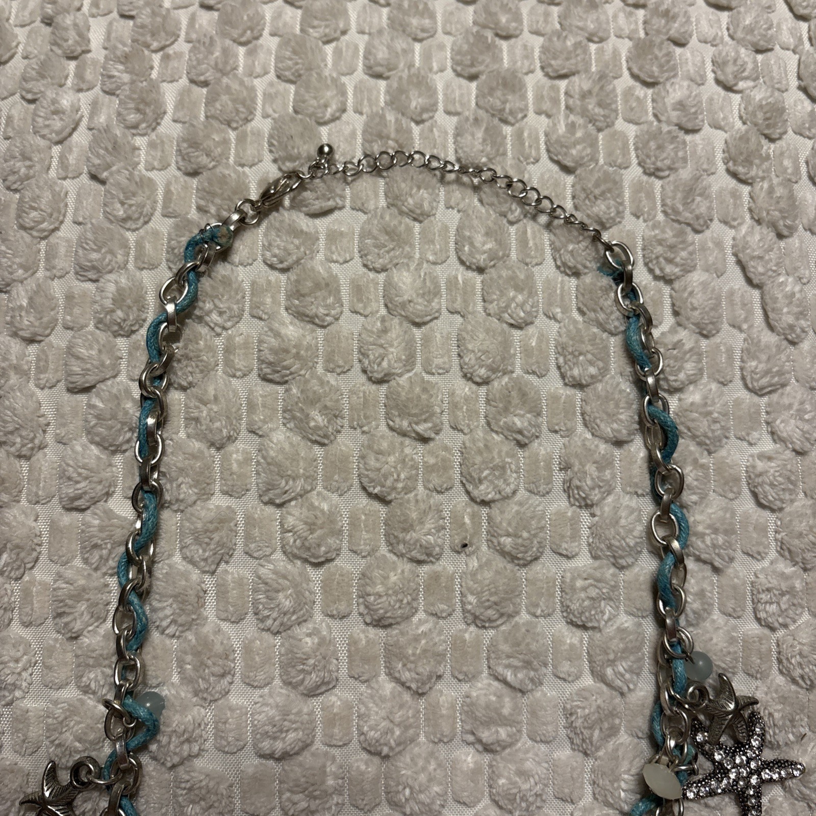 Seashore Necklace In Silver Tone- 20” sparkling starfish, blue beads seashells ￼