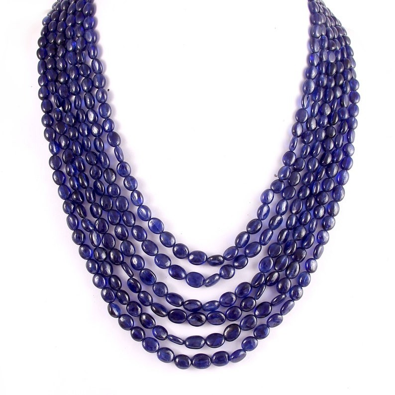 6 Layer A++ Blue Sapphire Smooth Oval Shape Gemstone Beaded Women Necklaces 19”