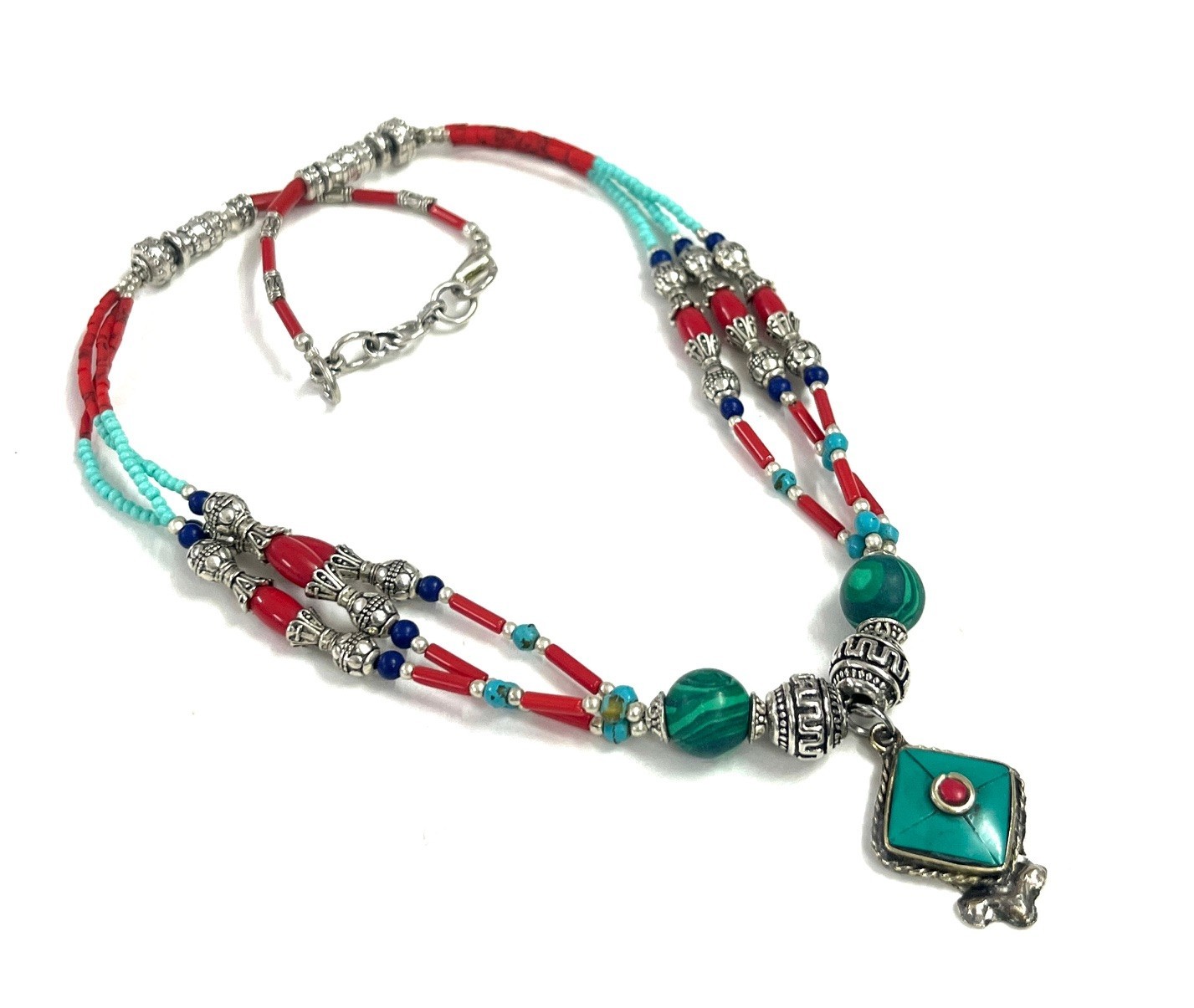 Antique Turquoise Coral Gemstone Tibetan Style Necklace Jewelry, 17 Inc Adjs