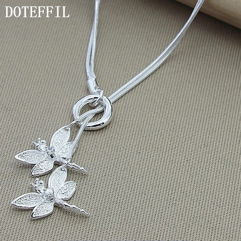 DOTEFFIL 925 Silver Double Dragonfly Necklace Women Wedding Engagement Gift
