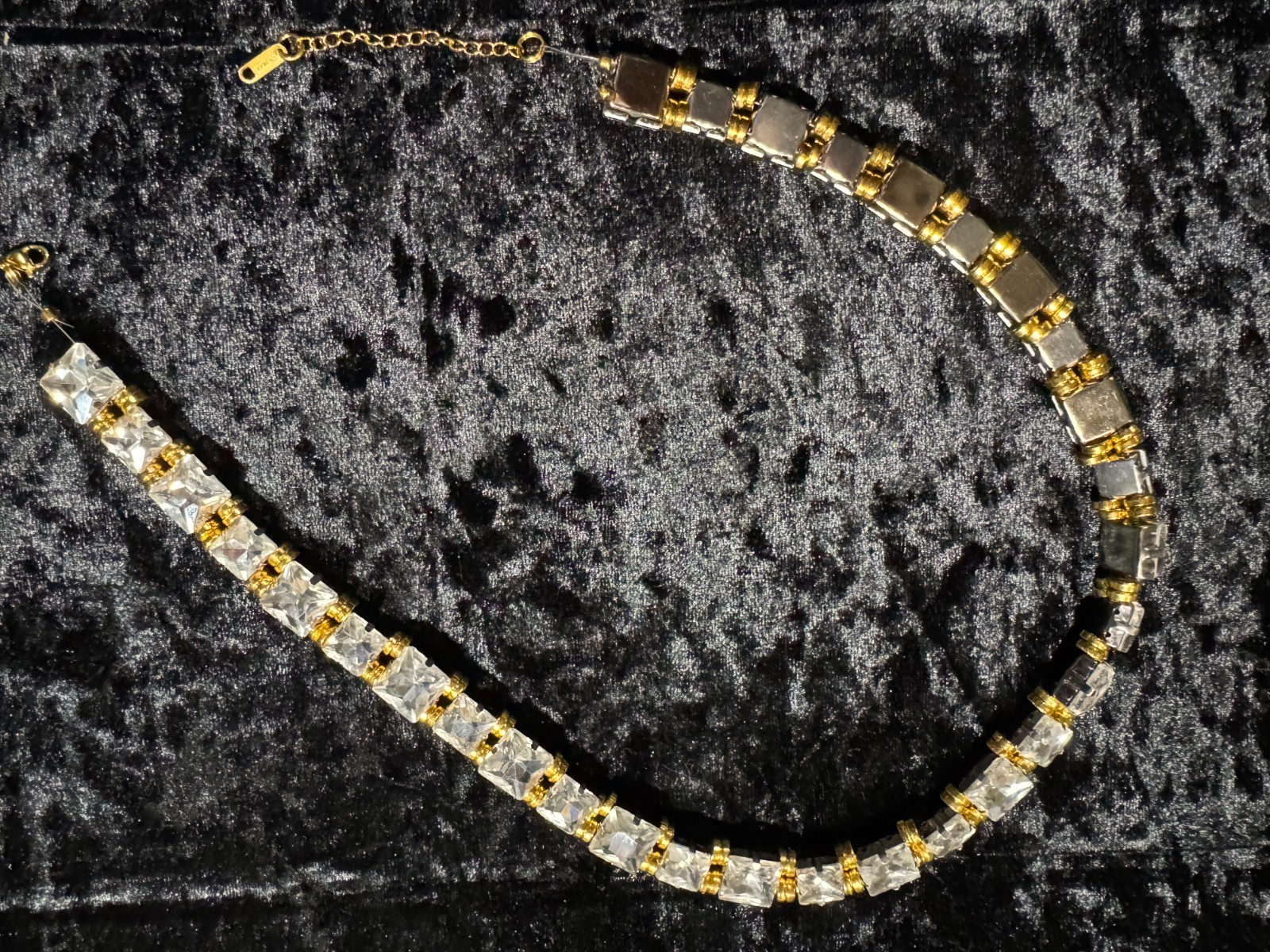 White Colorless 12mm and 10mm Rhinestone Necklace Gold Trim 18.5 in + 2 in