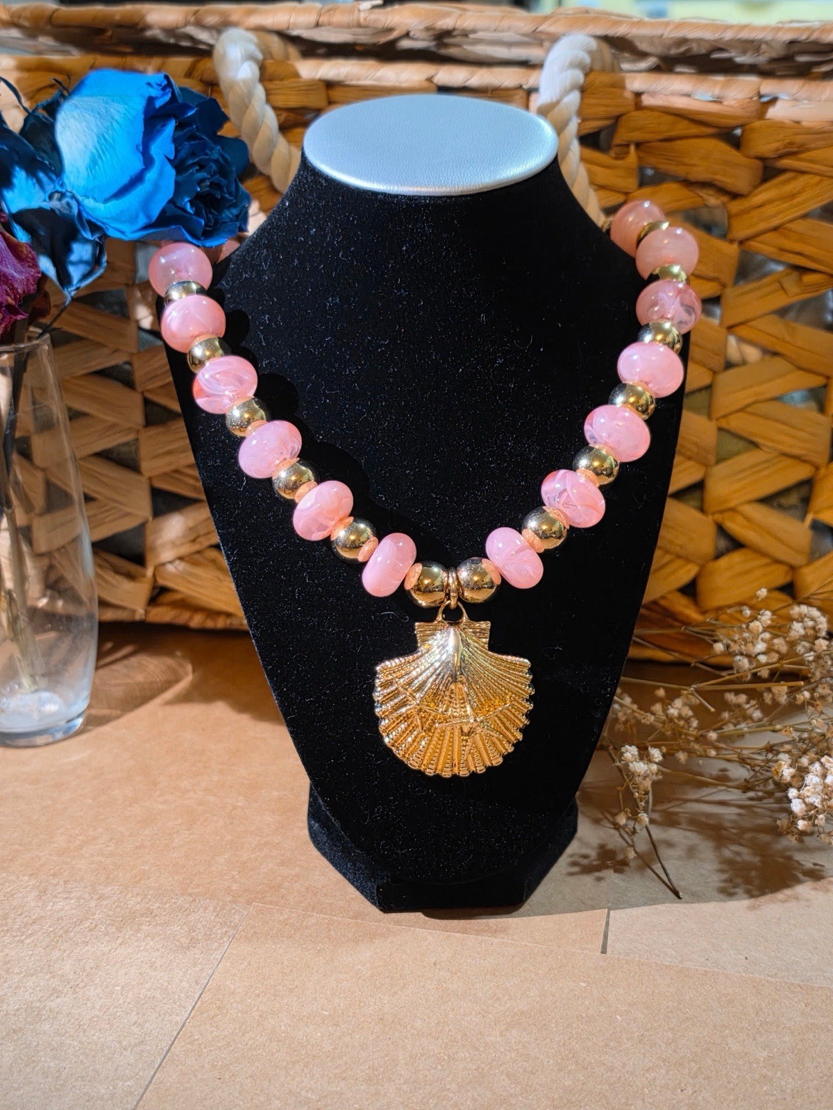 Pink Beaded Ball Chain Necklace w/ Gold Tone Shell Charm Pendant and Earrings