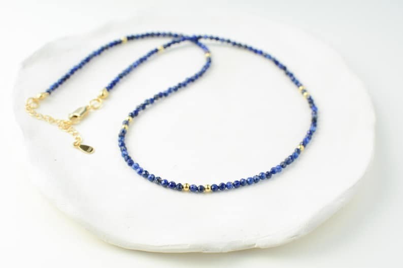 2-3MM Lapis Lazuli Faceted Round Gemstone Gold Filled Beads Choker Necklace 18”