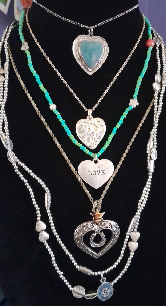 Vintage Modern Heart Necklace Lot 5 Pc American Eagle Silvertone Valentine