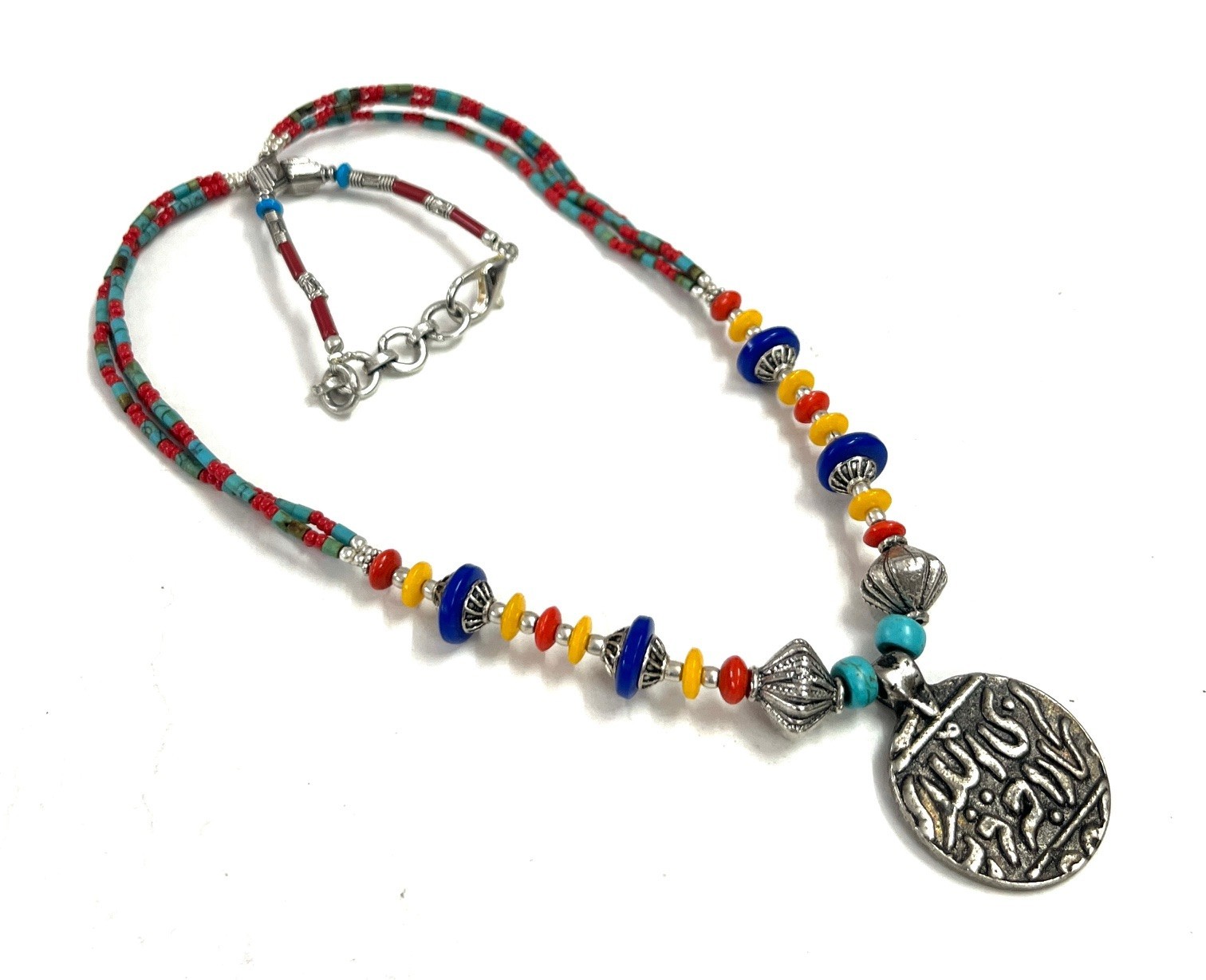 Turquoise Lapis Coral Gemstone Tibetan Antique Necklace Jewelry, 18 Inc Adjs