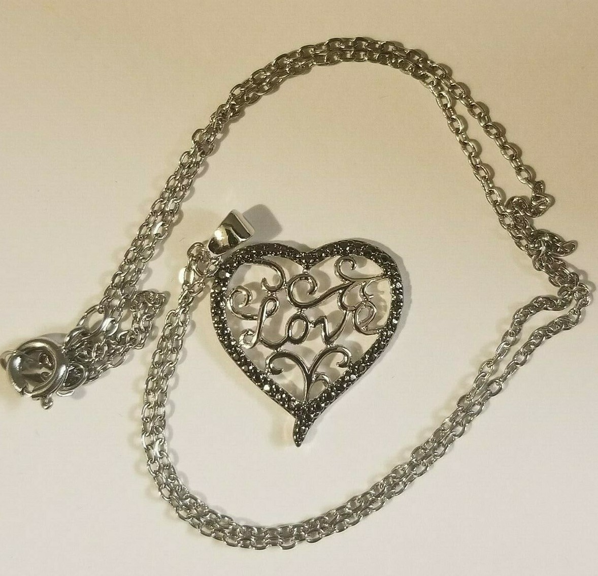 14k White Gold Overlay “Love” Heart Necklace