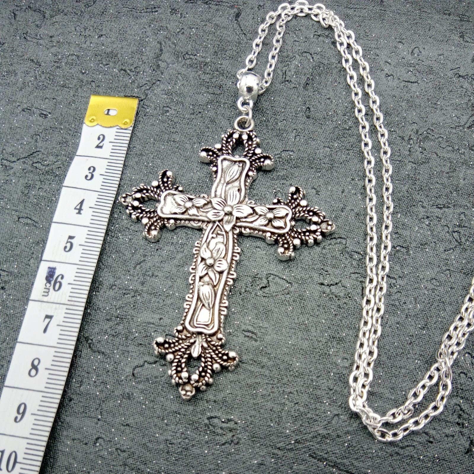 Huge Very Long ornate CROSS Necklace 90cm/36″ chain Large Big Religious Rock