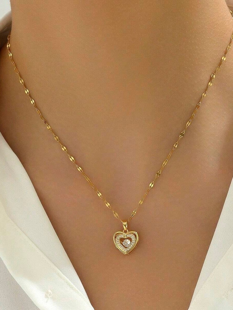 Gold Heart Necklace Movable CZ Pendant Stainless Steel Women Jewelry Gift