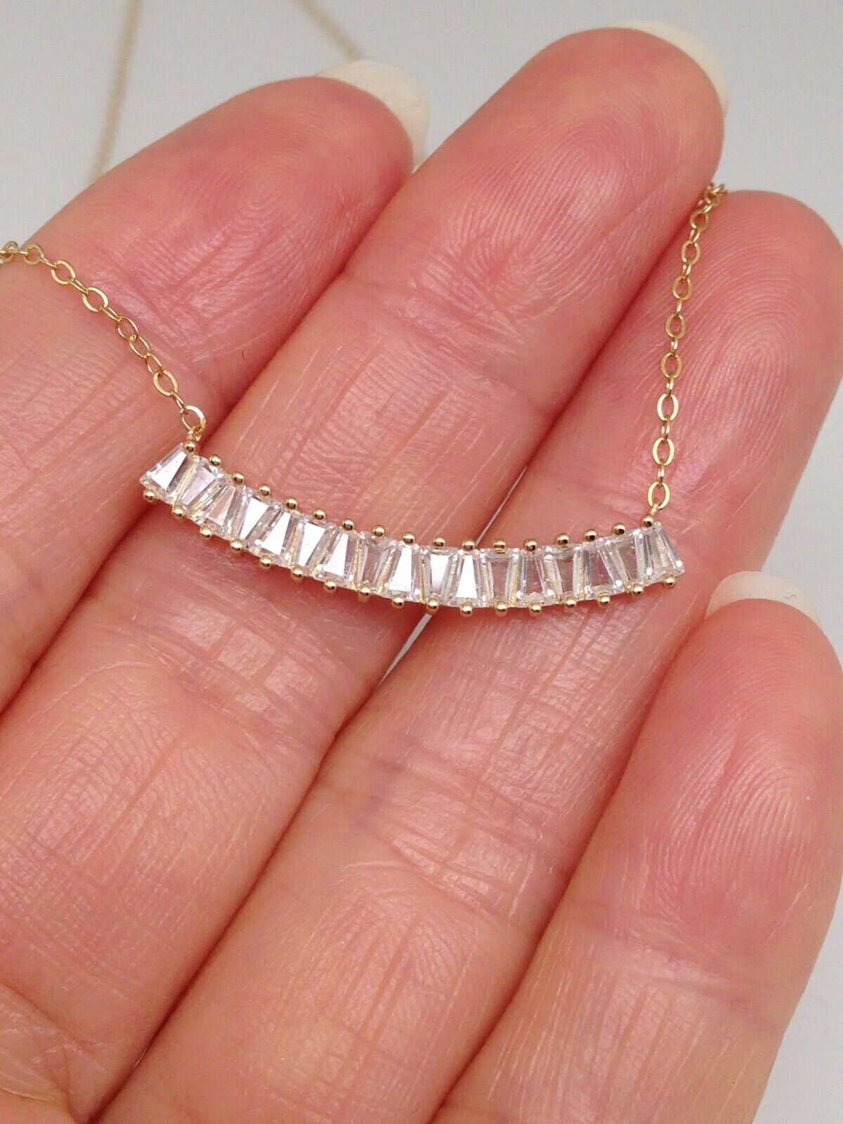 925 Sterling Silver CZ Curved Bar Pendant Necklace Sideways Gold Women 28mm 17″