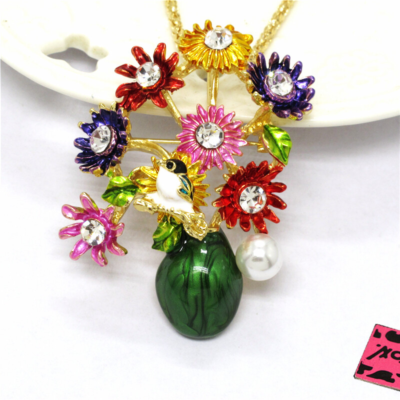 New Fashion Women Colorful Enamel Cute Flower Vase Crystal Pendant Necklace
