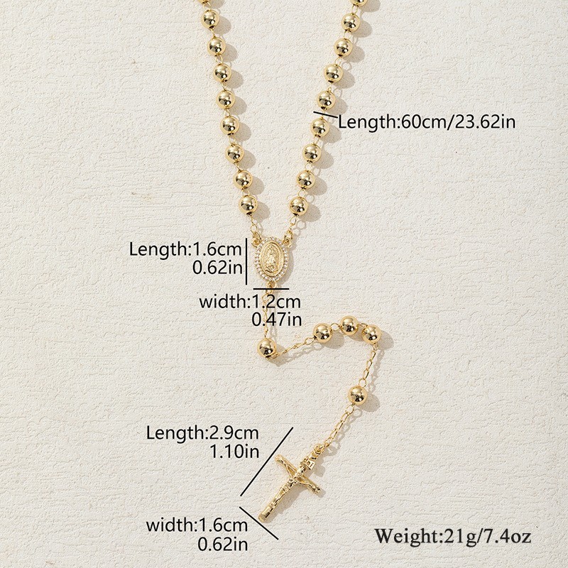 Men’s 6mm Bead Rosary Gold Plated Virgin Mary & Jesus Cross pendant Necklace