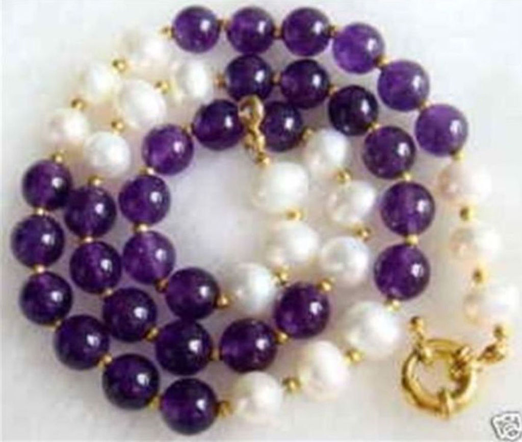 BEAUTIFUL 7-8MM WHITE PEARL & 8MM PURPLE AMETHYST GEMSTONE NECKLACE 18″