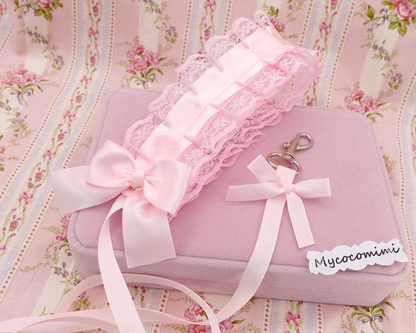 Pink Lace Kitten Play Leash for Adults, Cute Bow Pet Play Leash, Ruffled Submiss