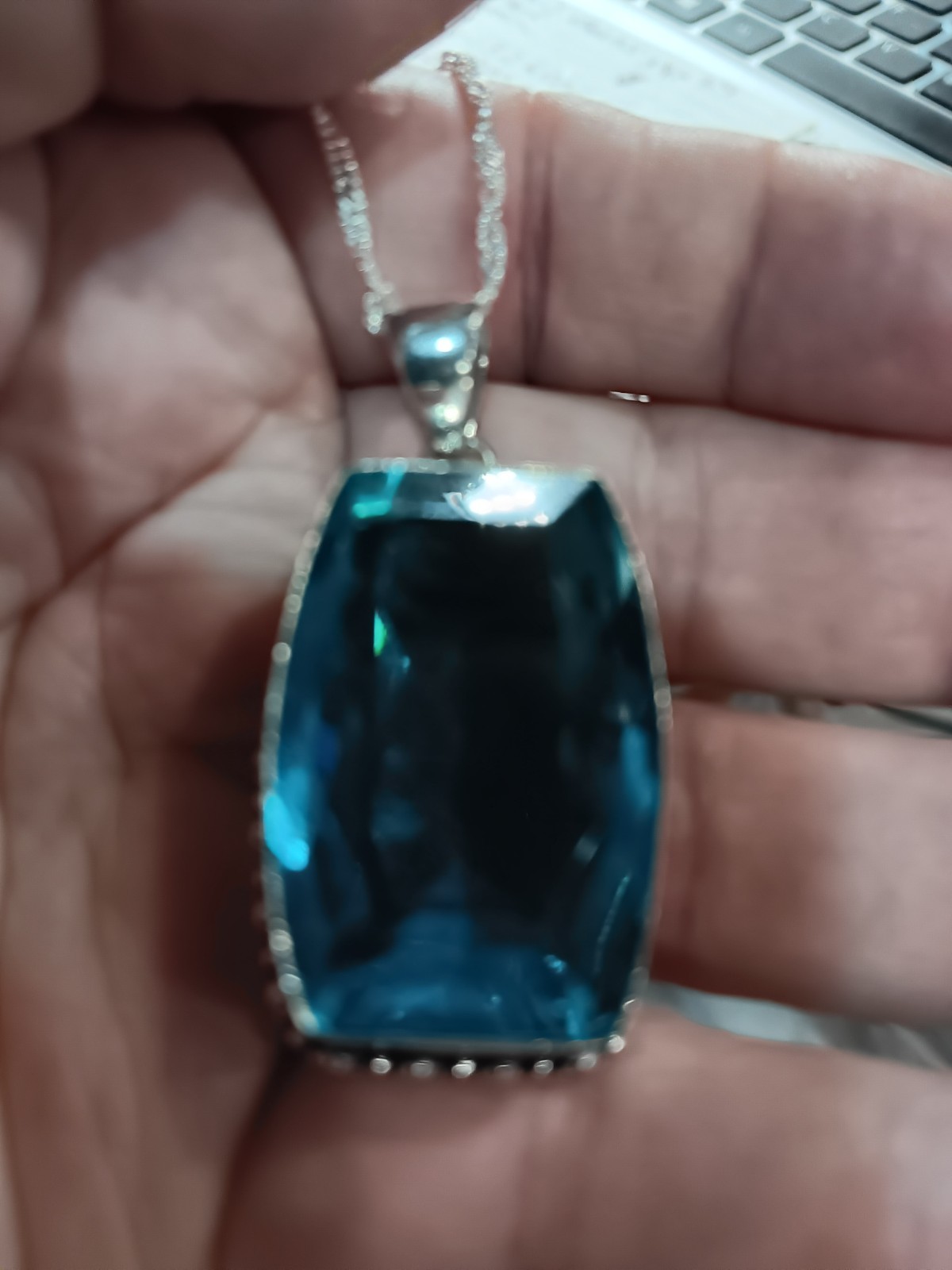 Blue Topaz Handmade Gemstone Pendant on a 24″ Water Wave Chain