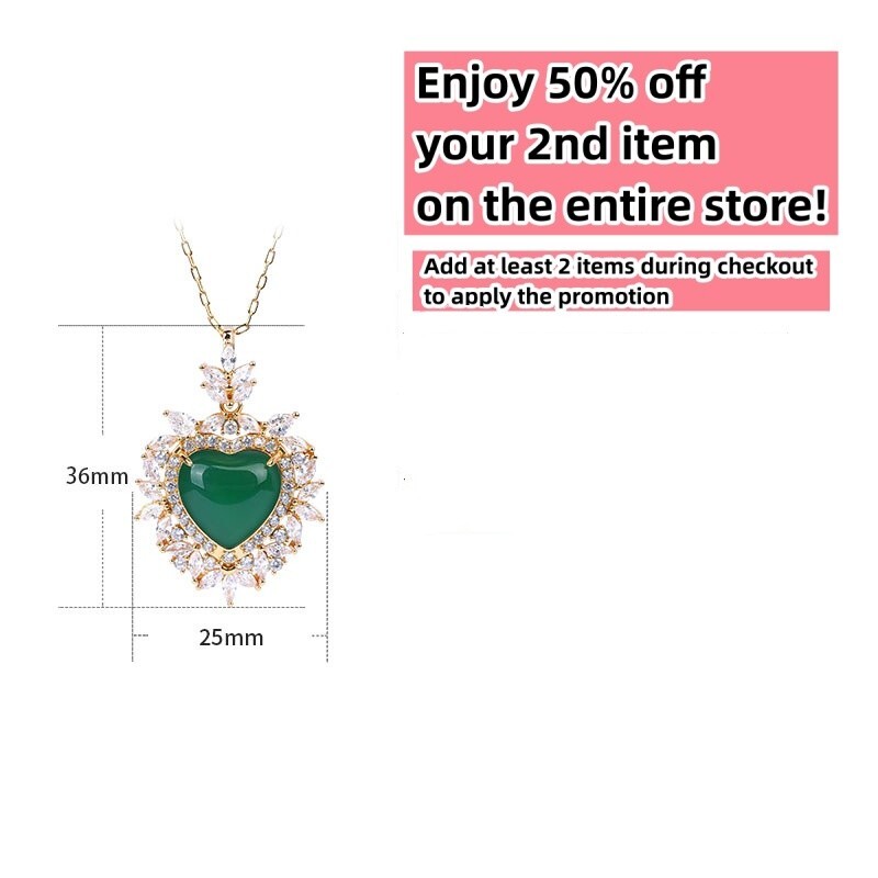 Green Jade Crystal Heart Pendant Necklace Charm 18K Gold Plated Chain Gemstone