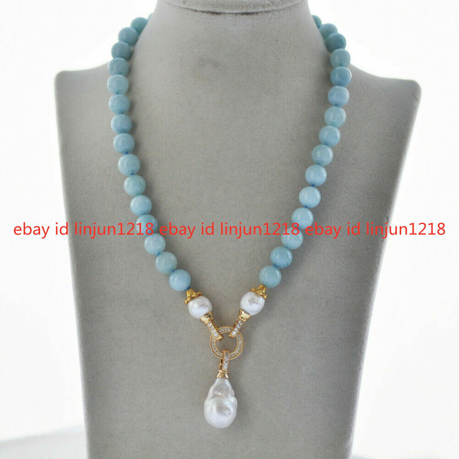 10mm Blue Aquamarine Gemstone Round Beads White Baroque Pearl Pendant Necklace