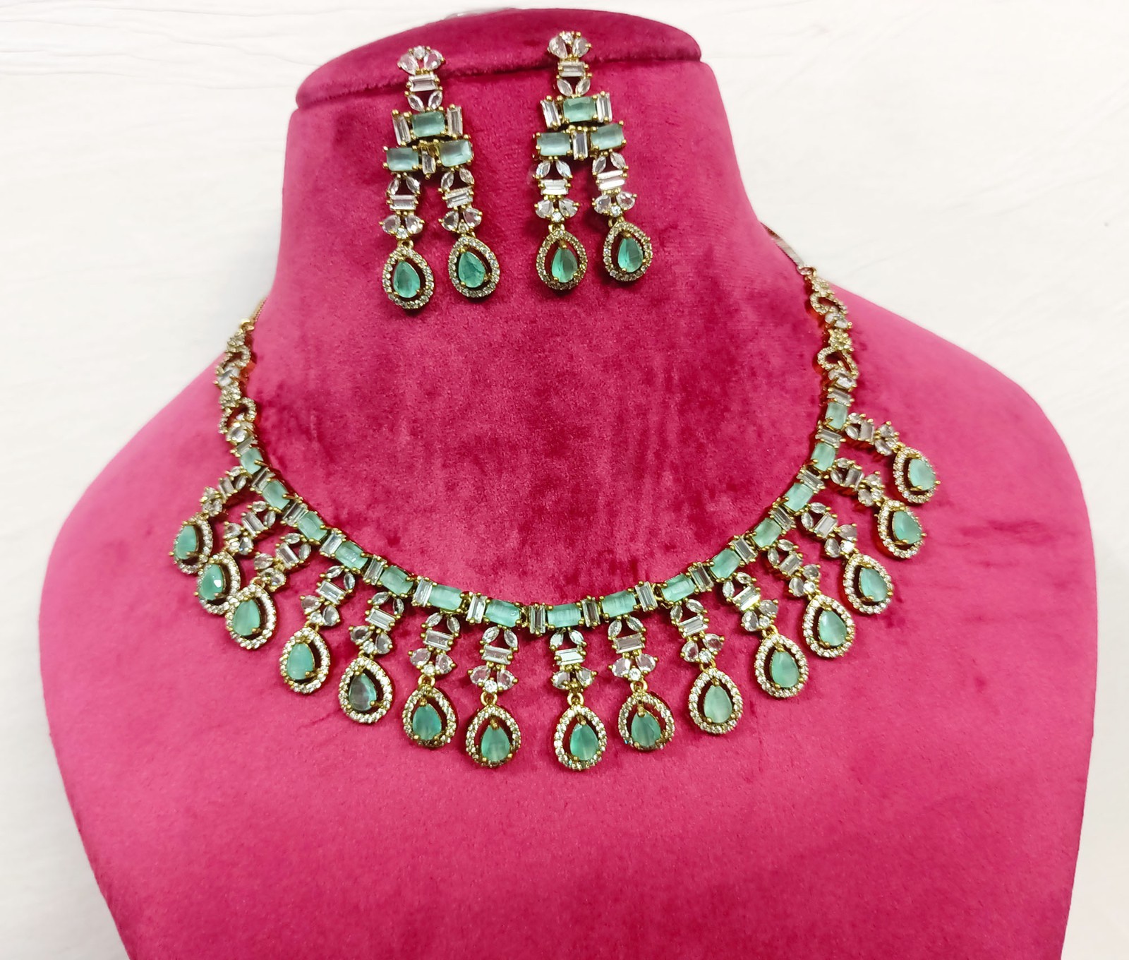 Mint Bridal CZ Necklace Earring Antique Plated Party Wear Wedding Choker Jewelry
