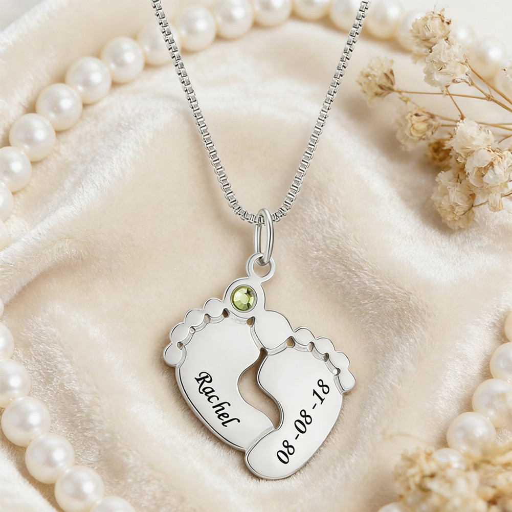Personalized Baby Feet Necklace with Birthstone Engraved Charms Mother Gift