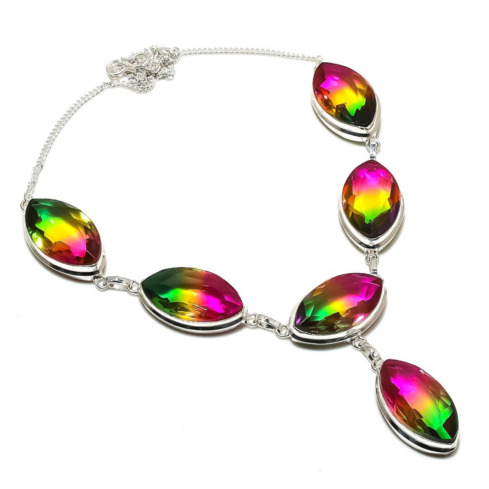 Faceted BI-Color Tourmaline Marquise Shape Gemstone Fashion Jewelry Necklace 18″