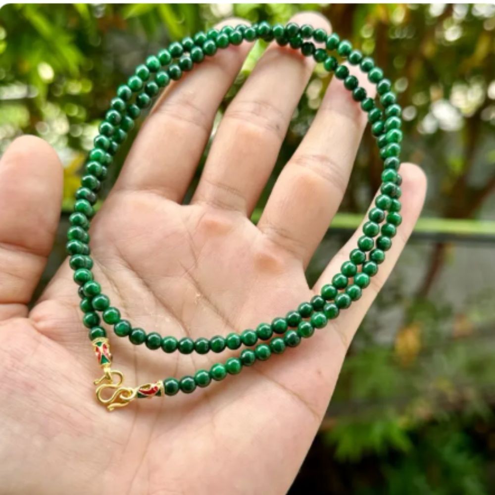 Bead Necklace Green Dyed Chalcedony Gemstone Round 4mm. Beads Gold Clasp 26 Inch