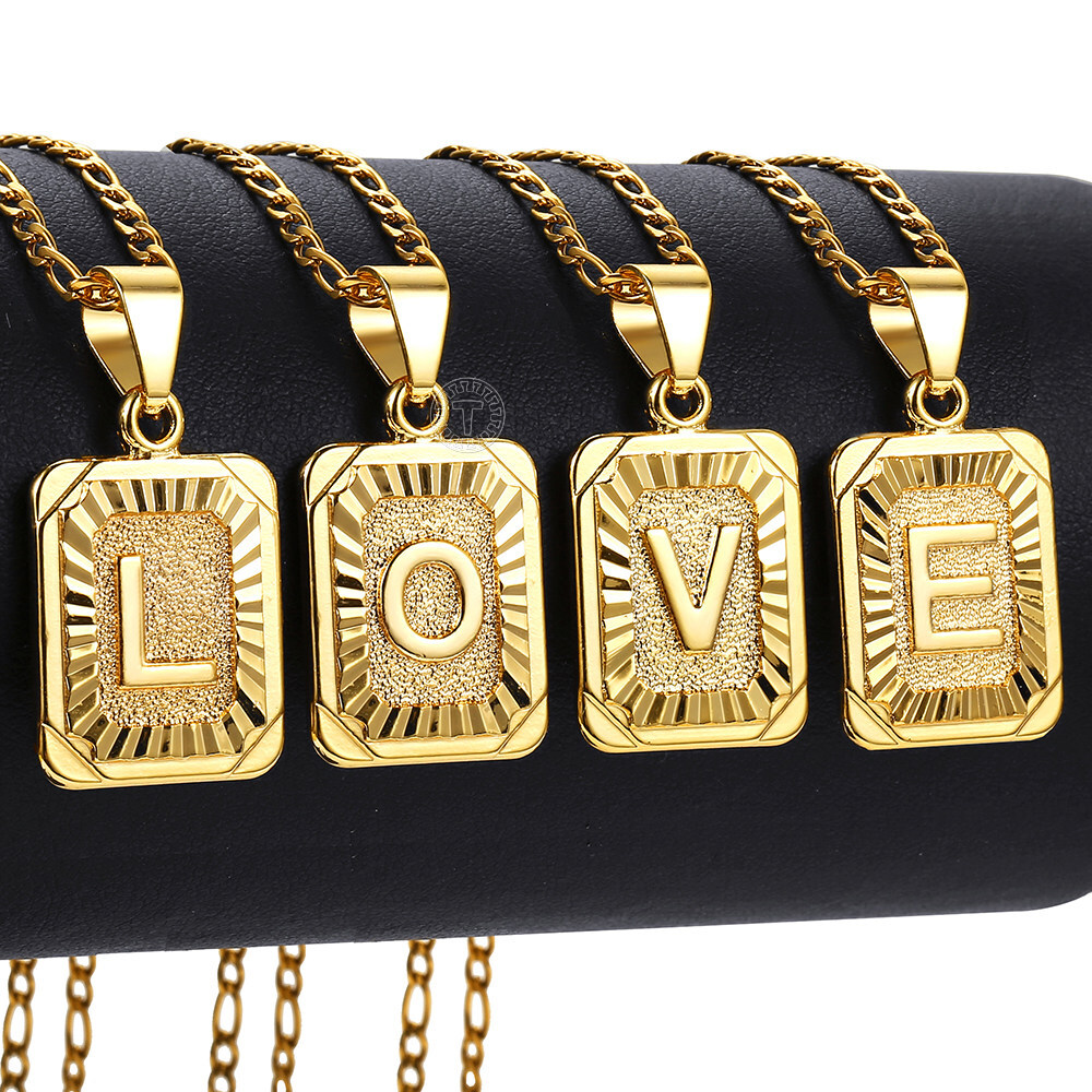 18″ Gold Plated Initial Letter Pendant Necklace Stainless Steel Figaro Chain Hot