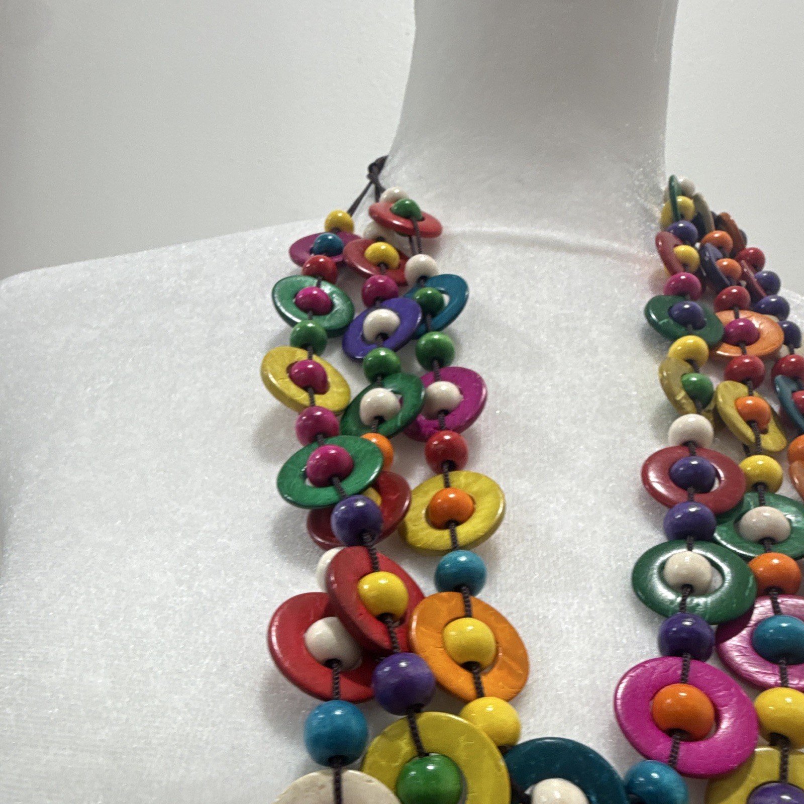 Multicolor Wood Beaded Statement Necklace Donut Pendant Cord Adjustable Slip