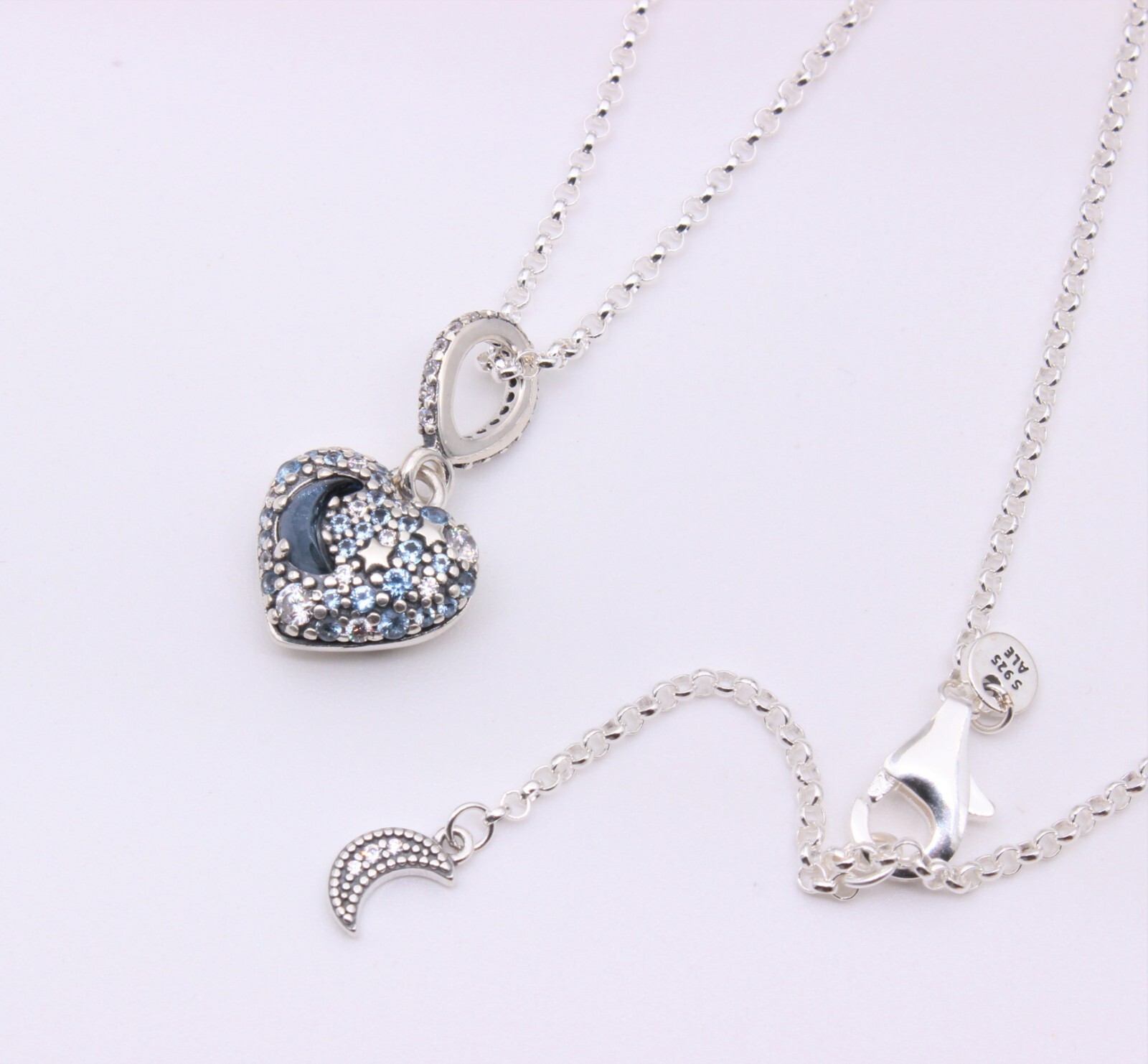 New PANDORA Sparkling Blue Moon & Stars Heart Silver Necklace Valentine’s Day