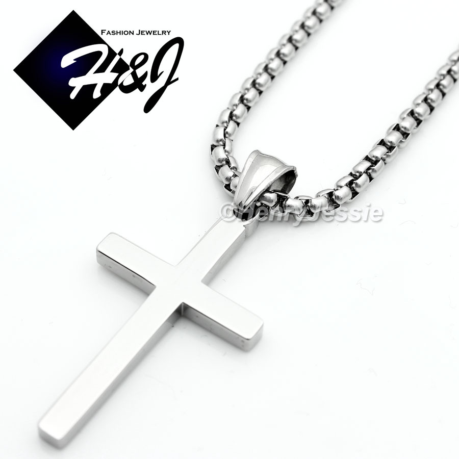 16″-30″MEN Stainless Steel 2mm Silver Smooth Box Chain Necklace Cross Pendant*SP