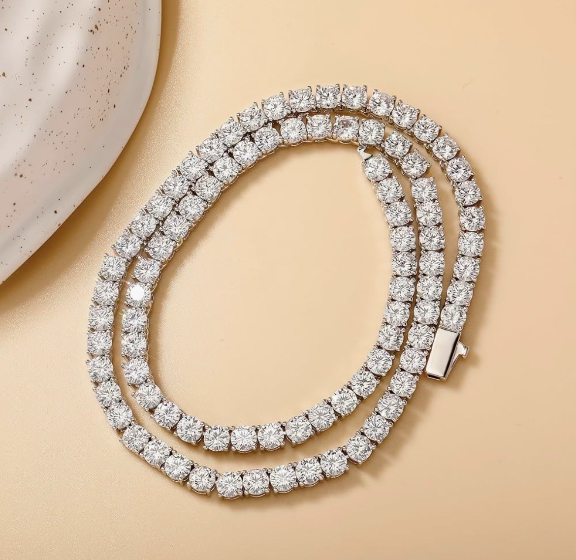 Silver Plated Cubic Zirconia Tennis Necklace Prong Set Round White Box Clasp
