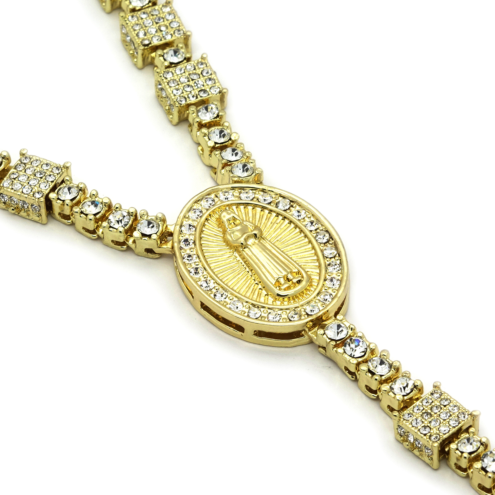 14k Gold Plated Cubic-Zirconia Rosary 3D Cube Cluster Guadalupe Necklace Cross