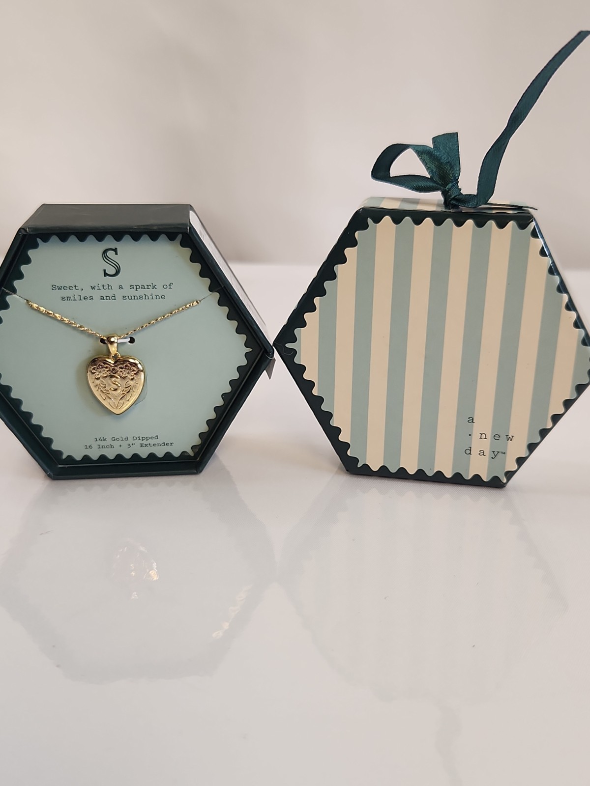 A New Day 14k Gold Dipped Initial S Heart Locket Necklace Floral Engraved Boxed