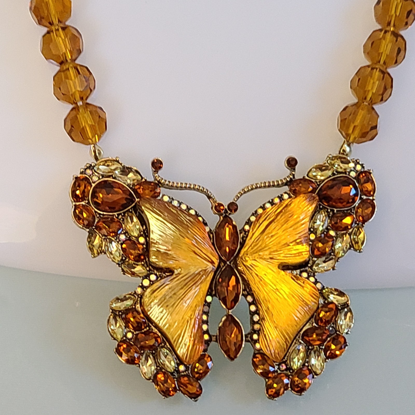MAGNIFICENT HUGE 2 3/4 ” BUTTERFLY NECKLACE AND EARRINGS SET FACETED CRYSTALS