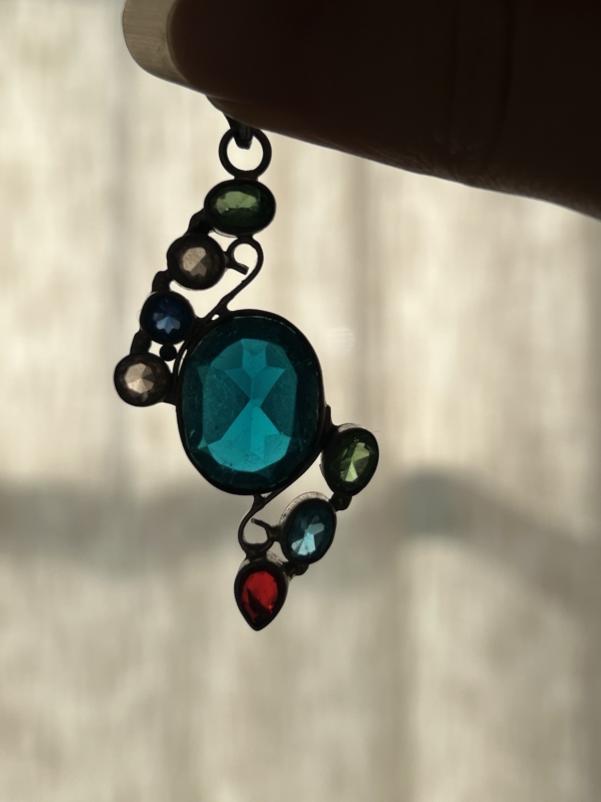 Vintage Silver Tone Oval Blue Stone Rhinestone Bezel Pendant Charm Multi-Color