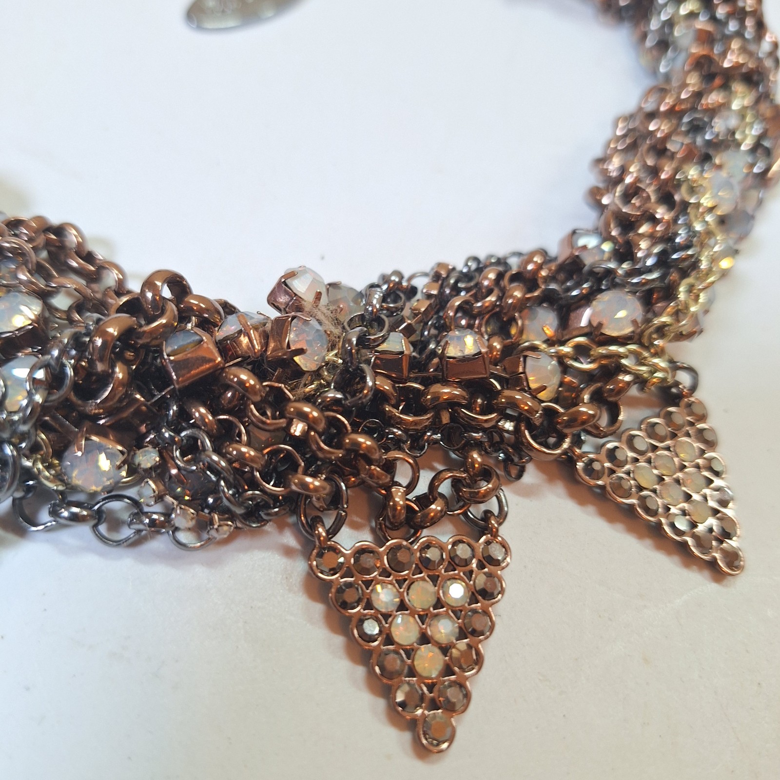 Chico’s Bronze Crystal Chain Fringe Statement Necklace Boho Glam Bib Collar