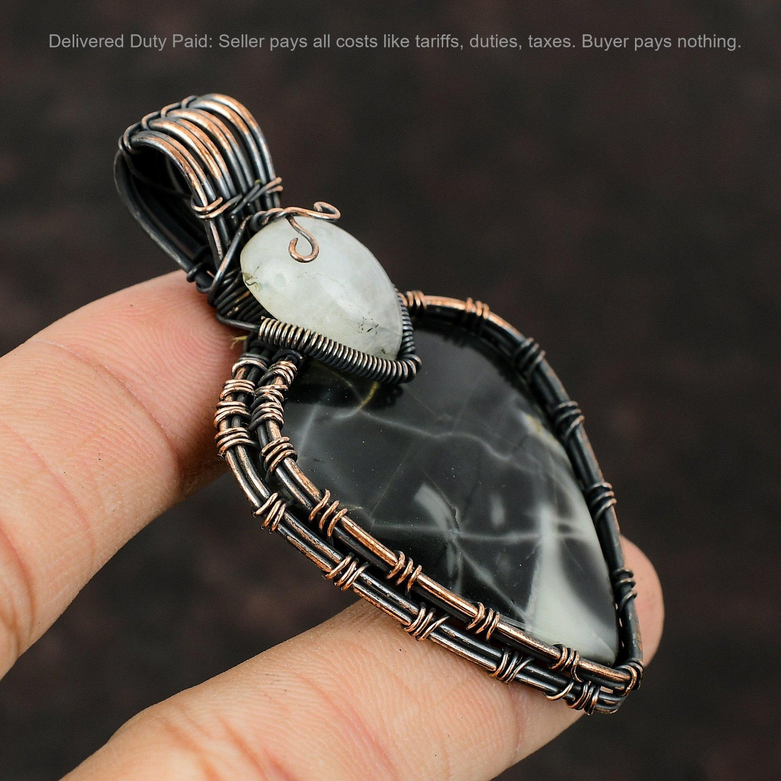 Trillion Picasso Jasper Gemstone Rainbow Moonstone Wire Wrapped Pendant Copper