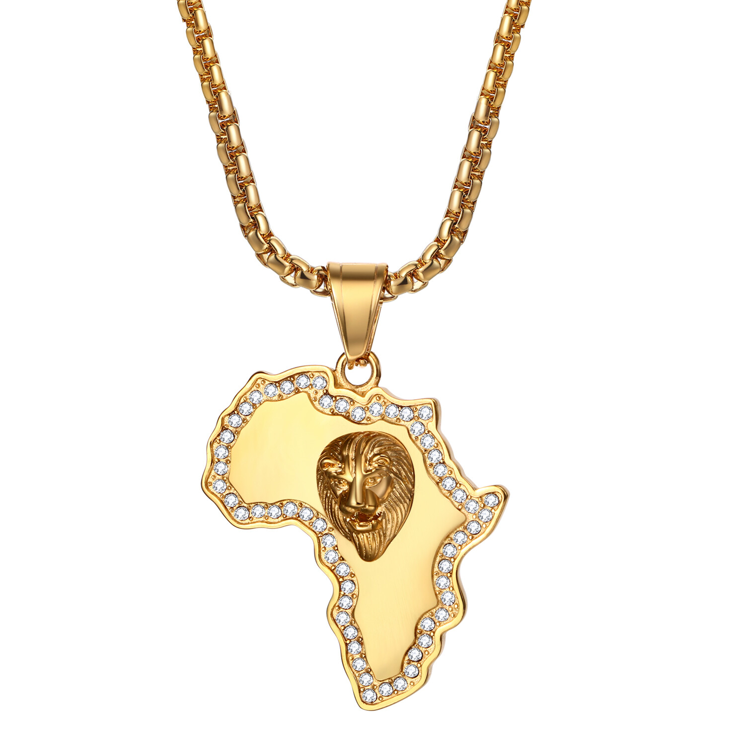 Mens Boys Hip Hop Gold Tone Lion Head Stainless Steel Pendant Necklace Chain 22″