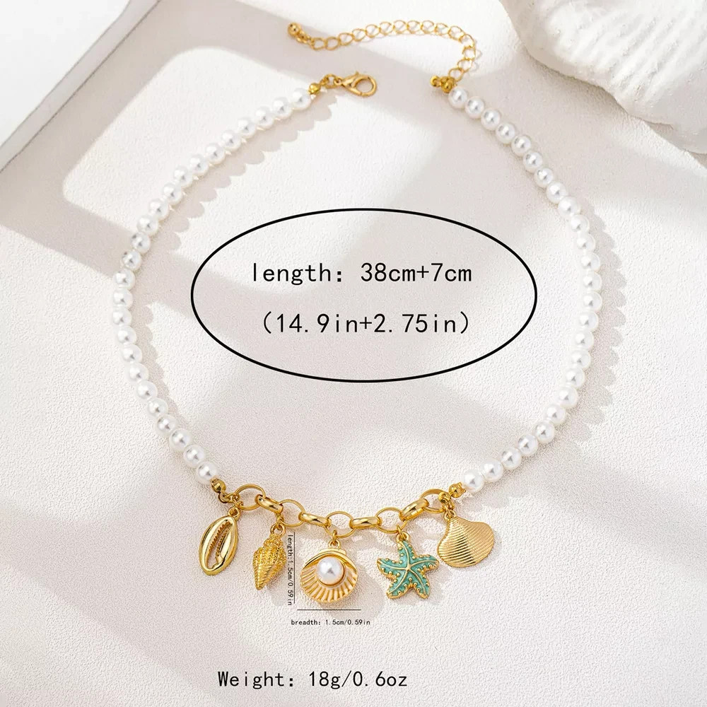 Pearl Necklace Gold Seashell Starfish Charm Choker Boho Beach Women Gift