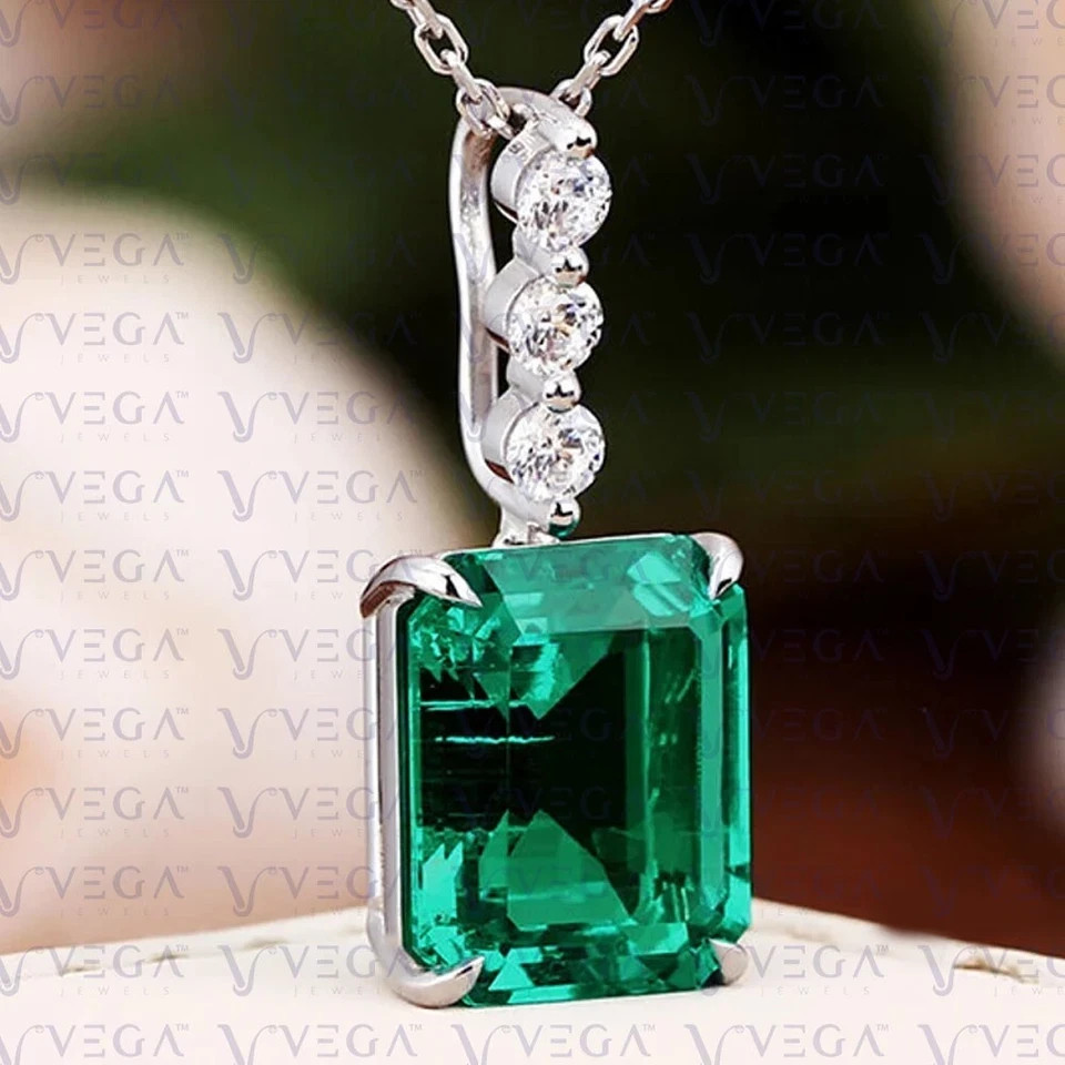 2.33 Ct Emerald Cut Emerald Pendant Wedding Pendant 14k Solid White Gold