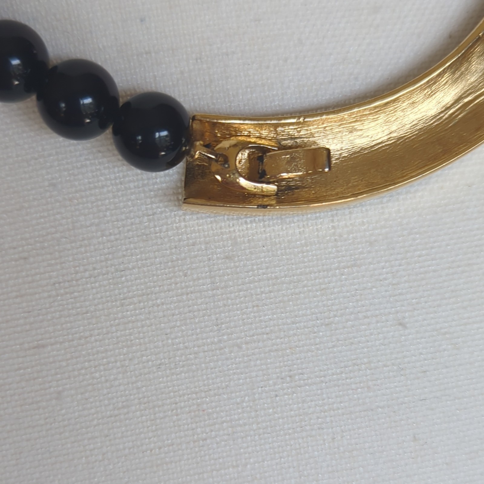 VintageTl Trifari Signed Black Plastic Beaded Statement Necklace Gold Tone Bar