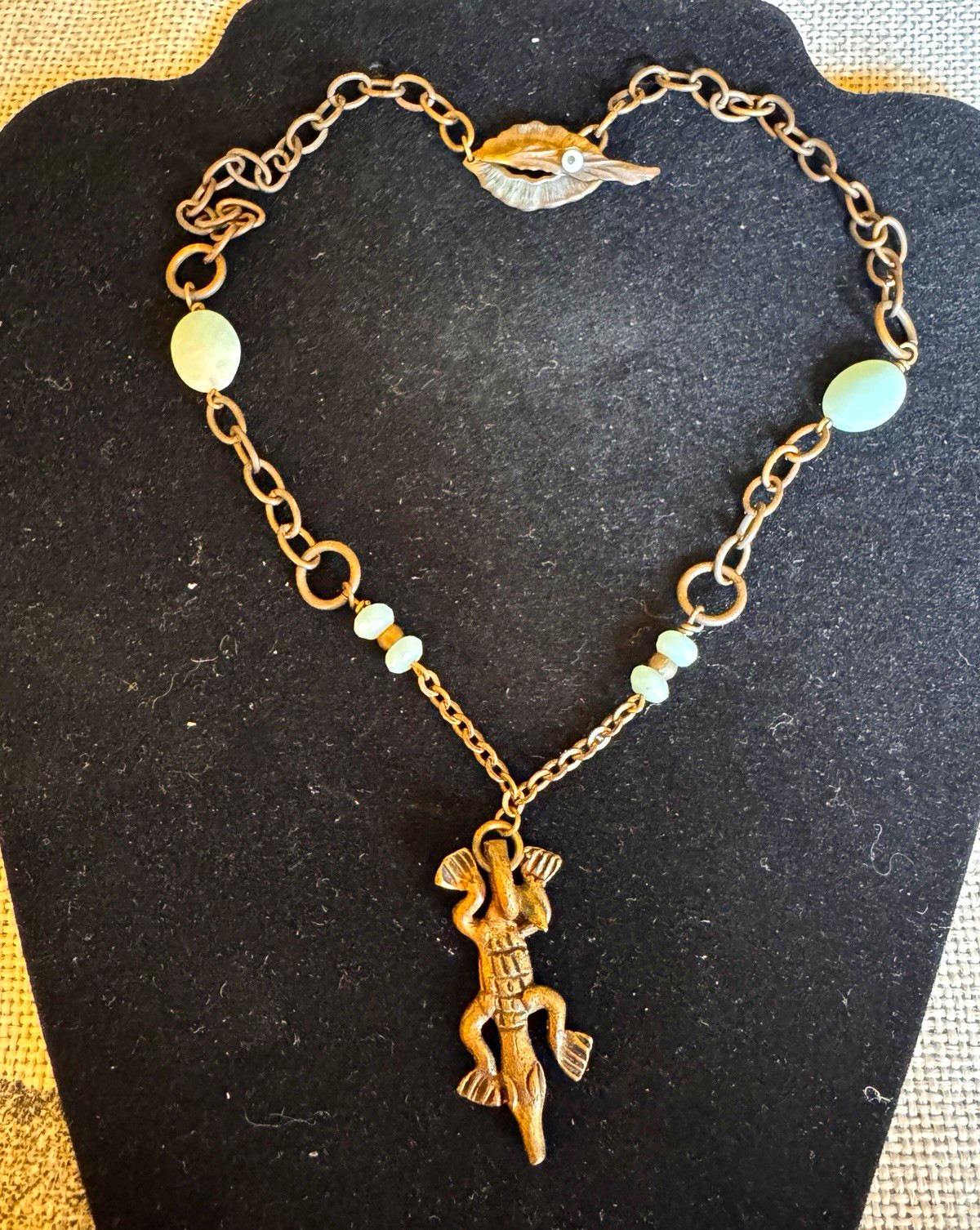 Vintage African Dark Bronze Crocodile Pendant brass Necklace with blue stone