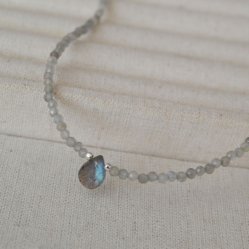 Premium AA Grade Natural Labradorite Beaded Drop Pendant Dainty Women Necklace