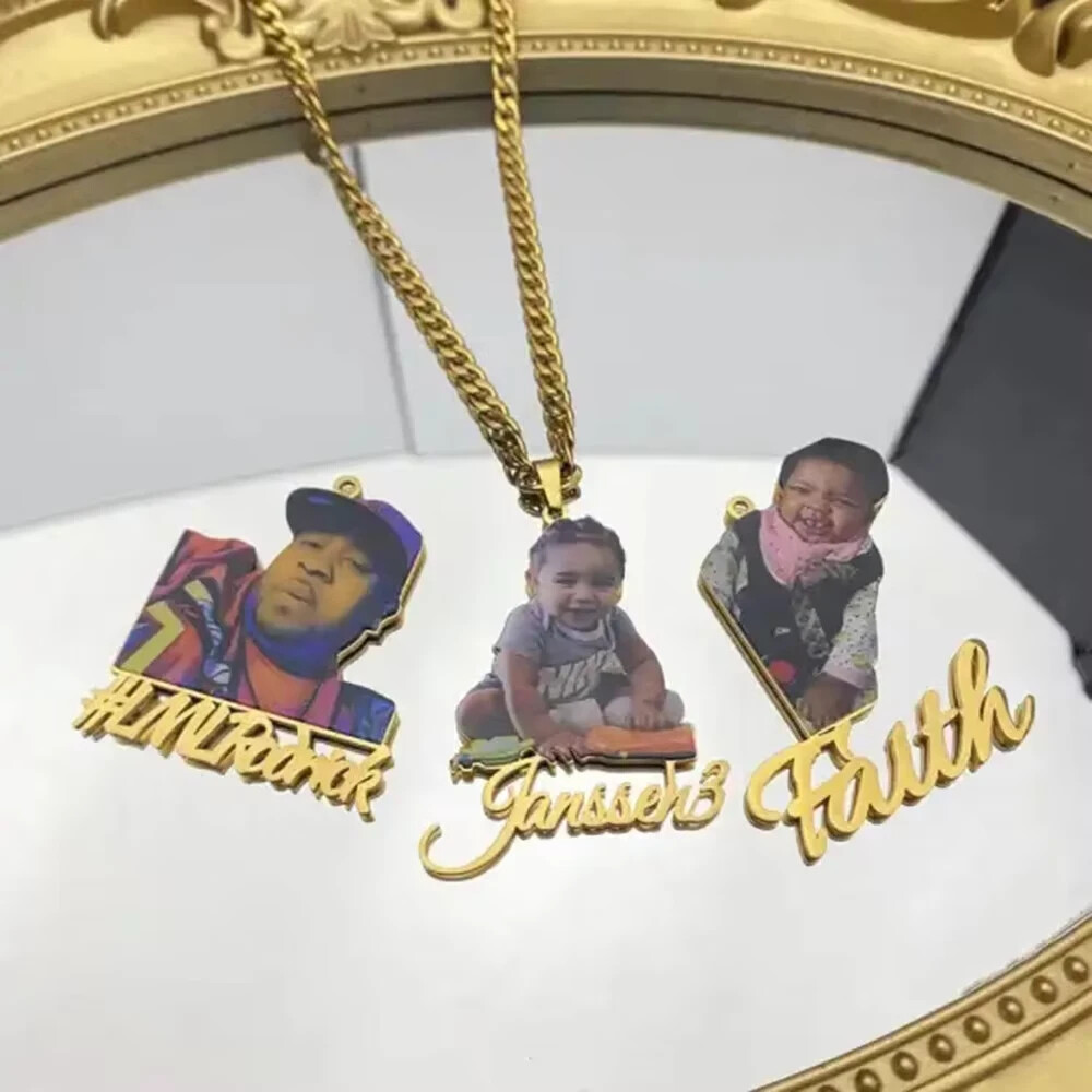 Customized Colorful Photo Name Necklace Jewelry Gift Stainless Steel Gold Silver