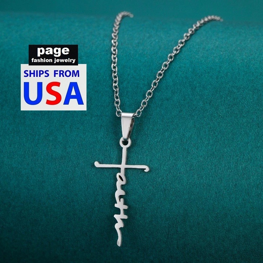 Stainless Steel 1-1/4″ (Faith) Cross Pendant – 18″ Chain Necklace
