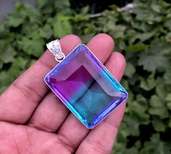 58 CT+ Flawless Bi-Color Tourmaline Pendant 925 Sterling Silver Plated Jewelry