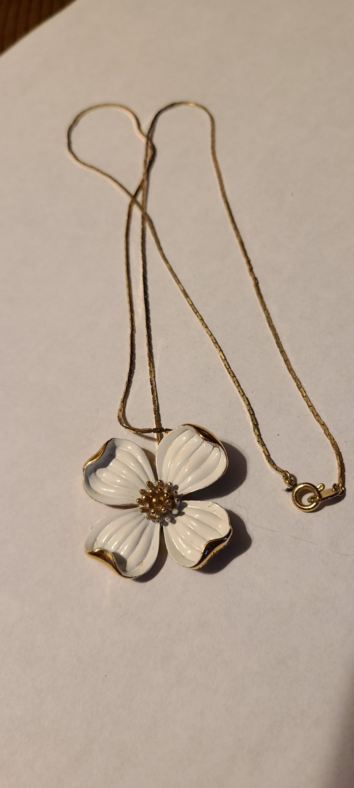 Gold Tone White Enamel Flower Charm Pendant Necklace Cable Chain Spring Ring